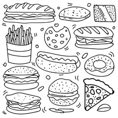 Set of hand drawn food isolated on white background, doodle set of fast food. Vector illustration