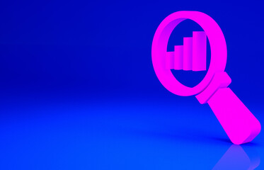 Pink Magnifying glass and data analysis icon isolated on blue background. Minimalism concept. 3d illustration 3D render.