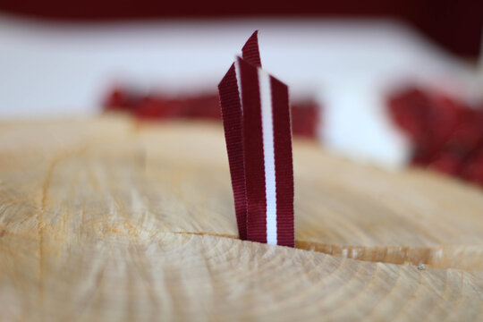 Latvia flag  flag on a tree stump isolated. Decoration. White and red. Latvia. Colors of Flag. Autumn. Latvian flag top view. 