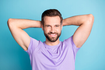 Fototapeta na wymiar Top above high angle view photo of young man positive smile enjoy break pause relax arms behind head isolated over blue color background