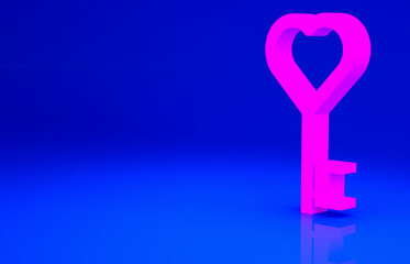 Pink Key in heart shape icon isolated on blue background. Valentines day symbol. Minimalism concept. 3d illustration 3D render.