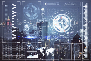 Data theme hologram drawing on city view with skyscrapers background double exposure. Ai concept.