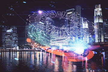 Data theme hologram drawing on city view with skyscrapers background multi exposure. Ai concept.