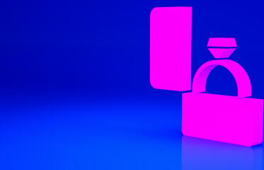 Pink Diamond engagement ring icon isolated on blue background. Minimalism concept. 3d illustration 3D render.