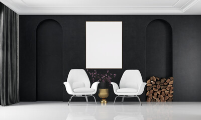The beautiful mock up room interior design of modern cozy living room and black wall texture background 