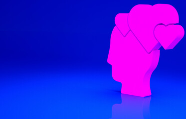 Pink Human head with heart icon isolated on blue background. Love concept with human head. Minimalism concept. 3d illustration 3D render.