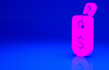 Pink Price tag with dollar icon isolated on blue background. Badge for price. Sale with dollar symbol. Promo tag discount. Minimalism concept. 3d illustration 3D render.