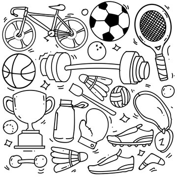 Set of hand drawn sport theme isolated on white background, doodle set of sport theme. Vector illustration