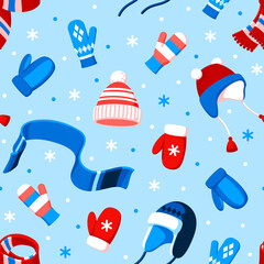 Seamless vector pattern of winter hats, mittens, scarves and snowflakes on a light blue background.