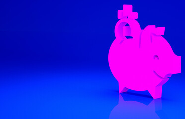 Pink Piggy bank with coin icon isolated on blue background. Icon saving or accumulation of money, investment. Minimalism concept. 3d illustration 3D render.