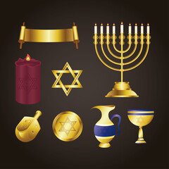 happy hanukkah celebration card with golden set icons