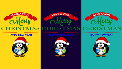 3 color illustration of Christmas theme background with cute penguin images
