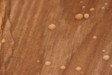 Fototapeta na wymiar Closeup selective focus view of water drops on wooden floor.
