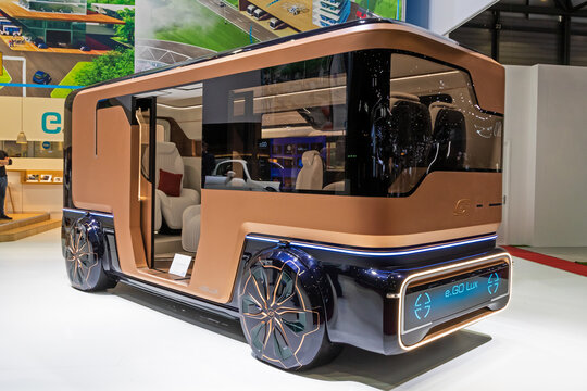 e.GO Lux electric bus showcased at the 89th Geneva International Motor Show. Geneva, Switzerland - March 6, 2019.
