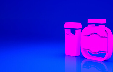Pink Sports nutrition bodybuilding proteine power drink and food icon isolated on blue background. Minimalism concept. 3d illustration 3D render.