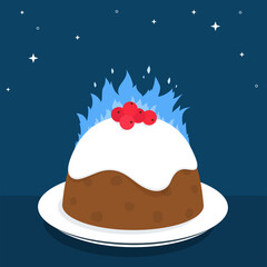 Christmas Pudding Fire On Plate Vector Illustration