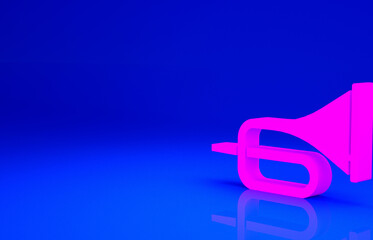 Pink Musical instrument trumpet icon isolated on blue background. Minimalism concept. 3d illustration 3D render.