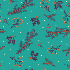 Seamless pattern of winter flora and snow. Vector graphics.