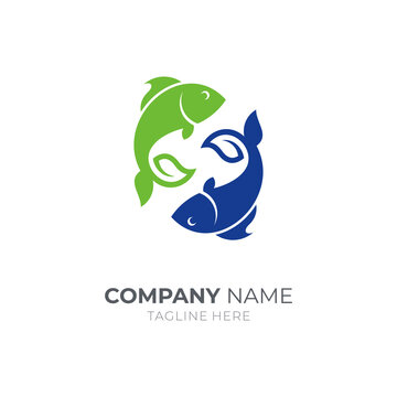 Two Fish Logo With Leaf Shaped Tails, Simple Modern Flat Logo Style, Blue and Green Color on White Background