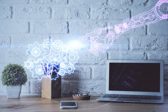 Double exposure of desktop with personal computer on background and tech theme drawing. Concept of data analysis.