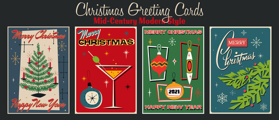 Christmas Greeting Cards Mid Century Modern Style, Season's Greetings, Christmas Tree, Decorations, Cocktail Glass, Spruce Branches