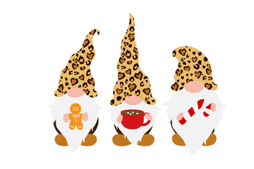 Christmas Gnomes in Leopard Print hats with hygge staff in hands - gingerbread cookie, tea coffee mug, candy cane. Vector art. Cute farmhouse gnomes in cheetah hood for christmas gift, card, promo