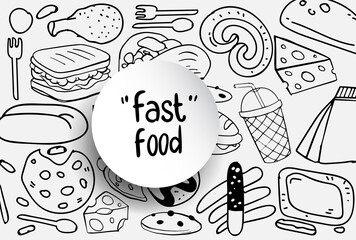 Fototapeta premium Set of hand drawn food isolated on white background, doodle set of fast food. Vector illustration