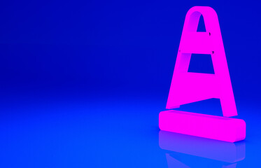 Pink Traffic cone icon isolated on blue background. Minimalism concept. 3d illustration 3D render.