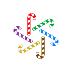 Bastón de caramelo. Logotipo candy cane de navidad como copo de nieve en varios colores