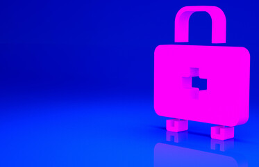 Pink First aid kit icon isolated on blue background. Medical box with cross. Medical equipment for emergency. Healthcare concept. Minimalism concept. 3d illustration 3D render.