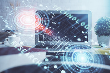 Multi exposure of desktop with personal computer and tech theme drawing. Concept of Bigdata.