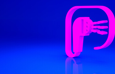 Pink Shower head with water drops flowing icon isolated on blue background. Minimalism concept. 3d illustration 3D render.