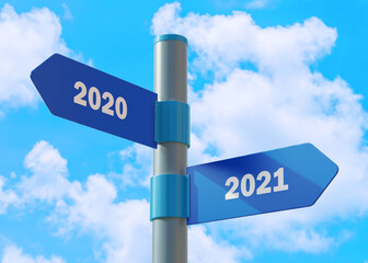 Street Sign the direction Way to 2020 versus 2021. New Year direction sign.