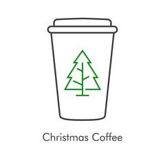 Tiempo de navidad. Vaso de café. Logotipo lineal con vaso de plastico con tapa con árbol de navidad en gris y verde