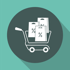 Vector icon of the Full Shopping cart with discount  products.  Pictogram with shadow.  Concept of mobile ordering