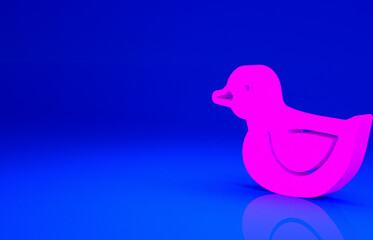 Pink Rubber duck icon isolated on blue background. Minimalism concept. 3d illustration 3D render.