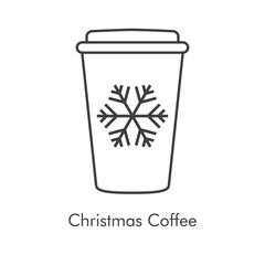 Tiempo de navidad. Vaso de café. Logotipo lineal con vaso de plastico con tapa con copo de nieve de color gris
