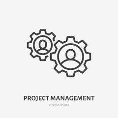 Team work line icon, vector pictogram of collaboration process. People in cog wheel, efficiency stroke sign for project management