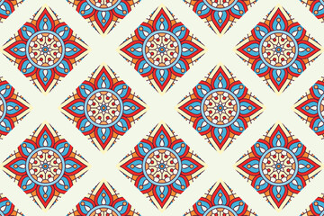 abstract blue and red mandala pattern dreamy vintage circular pattern ornament on light cream.