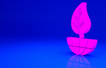 Pink Earth globe and leaf icon isolated on blue background. World or Earth sign. Geometric shapes. Environmental concept. Minimalism concept. 3d illustration 3D render.