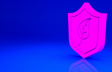 Pink Shield with leaf icon isolated on blue background. Eco-friendly security shield with leaf. Minimalism concept. 3d illustration 3D render.