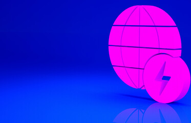 Pink Global energy power planet with flash thunderbolt icon isolated on blue background. Ecology concept and environmental. Minimalism concept. 3d illustration 3D render.