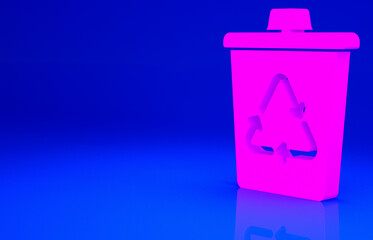 Pink Recycle bin with recycle symbol icon isolated on blue background. Trash can icon. Garbage bin sign. Recycle basket sign. Minimalism concept. 3d illustration 3D render.