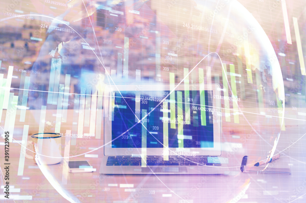 Aufkleber Multi exposure of business theme icons and work space with computer background. Concept of success.