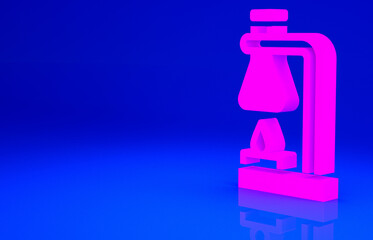 Pink Glass test tube flask on fire heater experiment icon isolated on blue background. Laboratory equipment. Minimalism concept. 3d illustration 3D render.