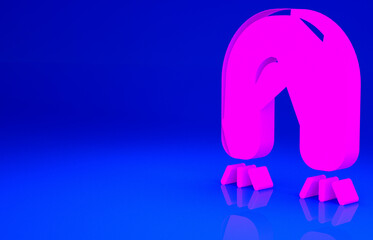 Pink Magnet icon isolated on blue background. Horseshoe magnet, magnetism, magnetize, attraction. Minimalism concept. 3d illustration 3D render.
