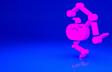 Pink Genetically modified food icon isolated on blue background. GMO fruit. Minimalism concept. 3d illustration 3D render.
