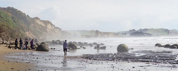 Spherical Rock Moeraki Boulders located at Koekohe Beach on the South Island of New Zealand.