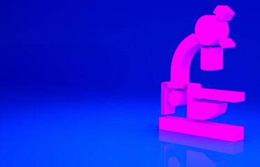 Pink Microscope icon isolated on blue background. Chemistry, pharmaceutical instrument, microbiology magnifying tool. Minimalism concept. 3d illustration 3D render.