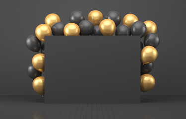 Illustrations for advertising. Black and gold shiny balls in a black interior around a black board. 3d render illustration. Black Friday.